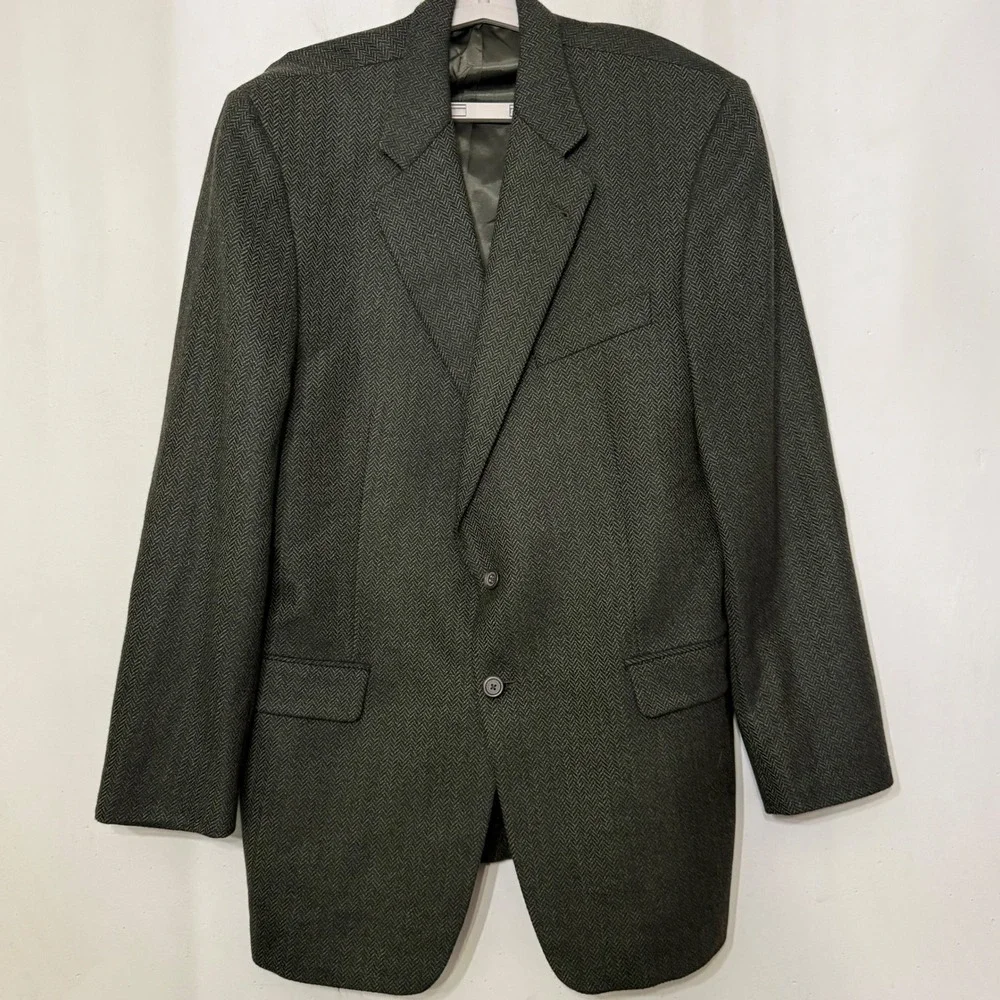 Burberry London Mens 44L Long Wool Tweed Herringbone Blazer Sport Coat Green
